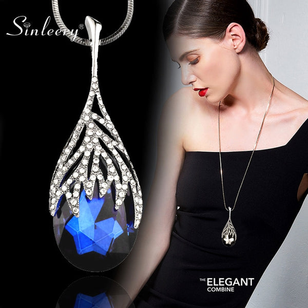 SINLEERY Fashion Waterdrop Shaped Big Pendant Necklace With Blue Cubic Zirconia Jewelry For Women Clothes Accessories MY117 SSO